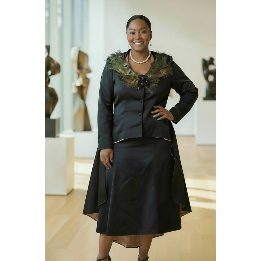 Ashro Black Skirt Suit W Peacock Feathers Hi Lo Peach Colorblock Lining Sz 14